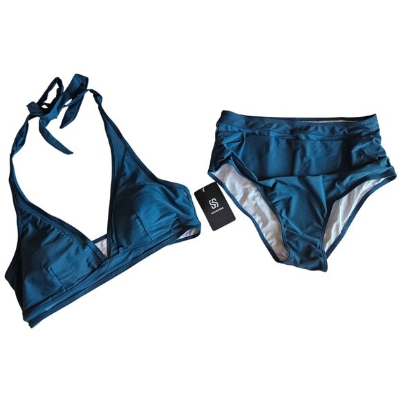 Womens Teal High-Waisted Bikini Set With Mesh Detail & Halter Neck Tie Size L - Picture 3 of 9